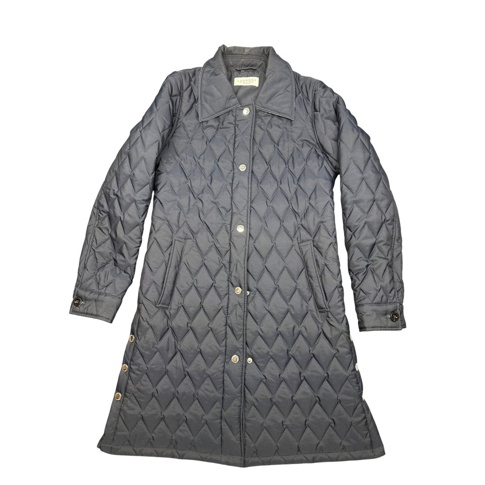Laundry by Shelli Segal Pretoria Navy Quilted Snap Front Coat Womens Size 36
